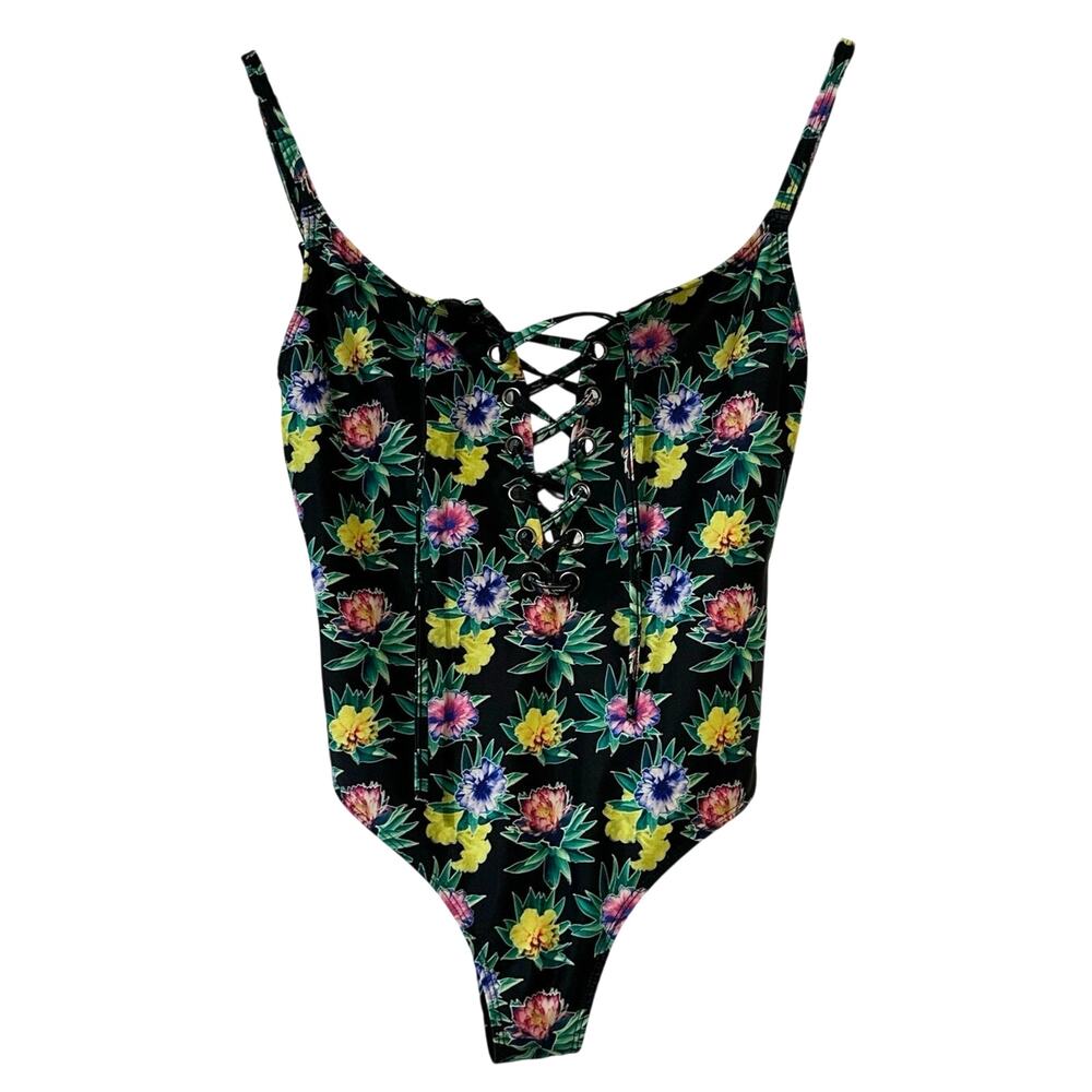 ASOS Floral Print Lace Up One Piece Swimsuit